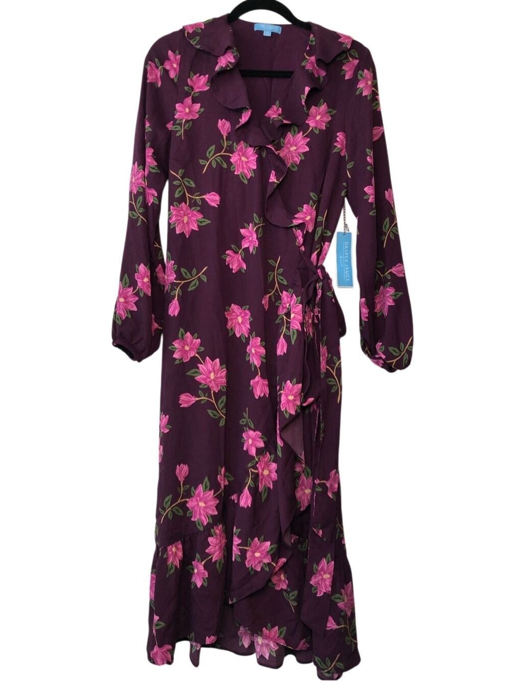 NWT Draper James Floral Wrap Midi Dress M Plum Ruffle Long Sleeve Garden Wedding - Picture 2 of 7